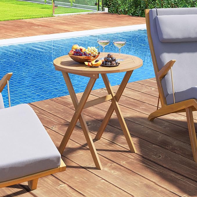 Tangkula 26-Inch Acacia Wood Outdoor Dining Table Set of 2, Folding Patio Round Dining Table with Slatted Tabletop & X-Shaped Frame, for Porch, Garden, Backyard, Poolside (2)