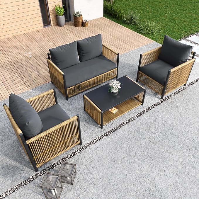 LUMISOL 4 Piece Patio Furniture Set, Outdoor PE Wicker Sofa Set with a Coffee Table and Removable Cushions, All Weather Patio Conversation Set for Patio, Garden, Backyard, Brown+Grey