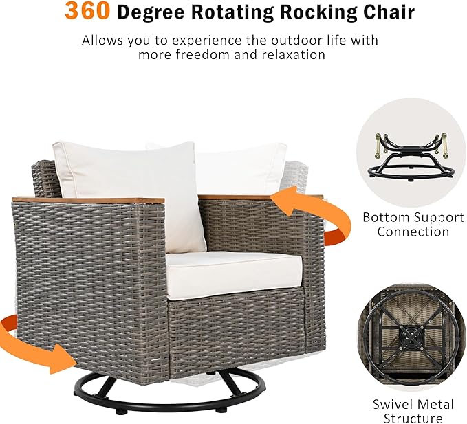 Outdoor Patio Sectional Furniture Set, 8-Piece Wicker Rattan Sofa Set with Thick Cushion, Patio Swivel Rocking Chairs Set of 2 with Acacia Storage Table, Conversation Set for Backyard (Beige+Brown/36)