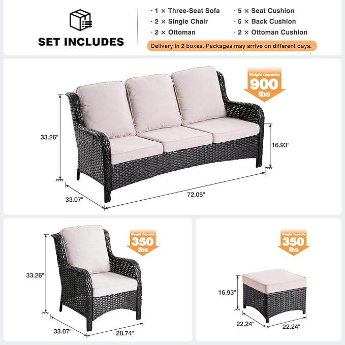 ovios 5-Pieces Patio Furniture Set, Outdoor Wicker Sofa Couch with Chairs Ottomans Comfy Cushions, All Weather High Back Modern Conversation Set, Brown Rattan, Beige
