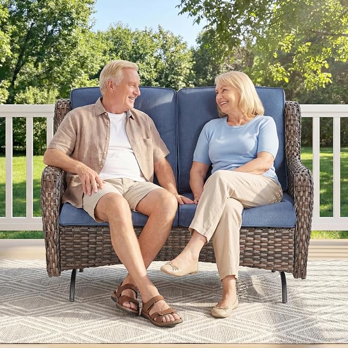 Patio Loveseat Sofa, Outdoor Wicker Loveseat with Luxury Thick Cushion, All-Weather Patio Furniture Set, Outdoor Glider Bench for Garden Balcony Backyard(Brown Wicker/Blue Cushion)