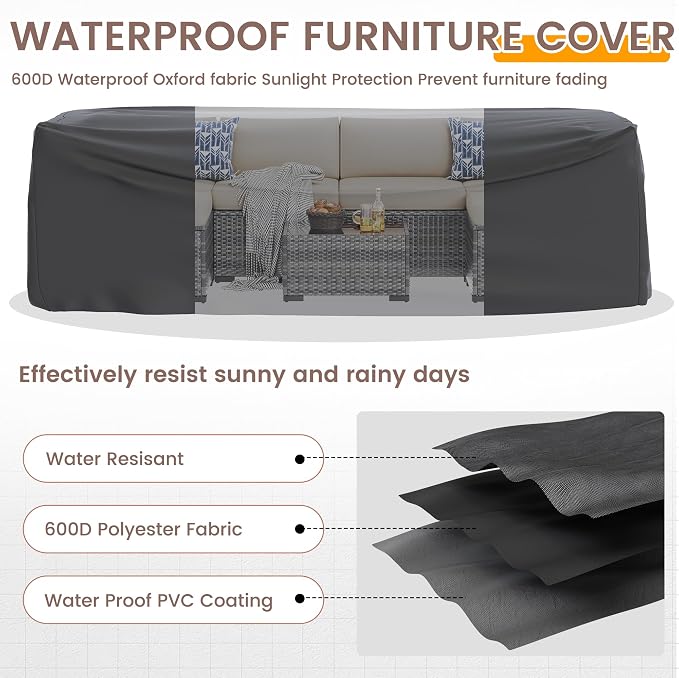 UDPATIO Outdoor Patio Furniture Set, 7 Pcs PE Wicker Sectional Sofa with Tea Table, Outdoor Conversation Set with Waterproof Cover for Patio, Garden, Backyard (Beige Cushions with Grey Rattan)