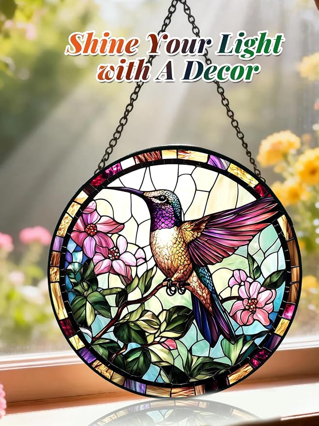 Hummingbird Stained Glass Suncatcher Window Hanging Flowers Gifts for Mom | 7.8in Garden Sun Catcher, Bird Pink Flowers Ornament for Door Home, Gift for Bird Lovers Grandma & Mother's Day Christmas
