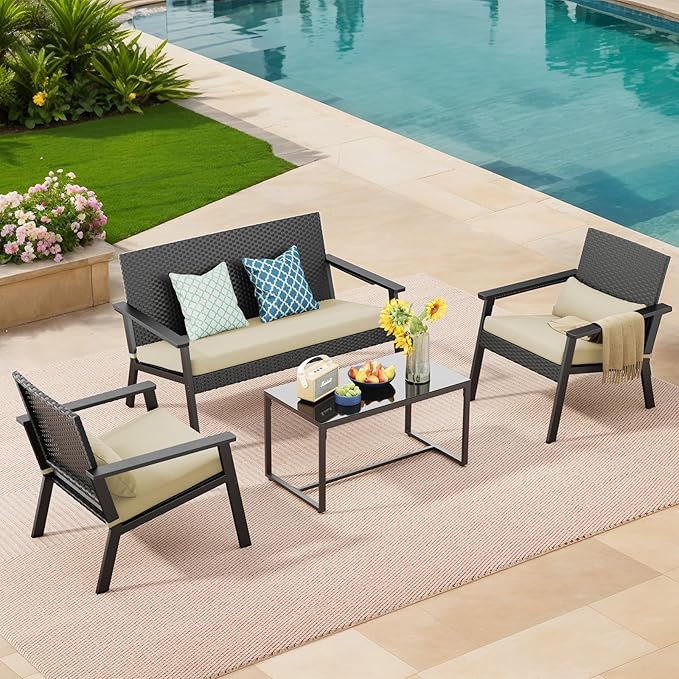 Ahomly 4-Piece Outdoor Wicker Patio Furniture Set with Deep Seating Cushions and Table for Balcony, Backyard, and Porch (Beige)