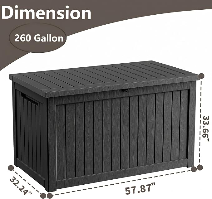 260 Gallon Outdoor Deck Storage Box, Heavy Duty All Weather Vertical Wood Grain Lockable Storage Container for Backyard, Poolside & Large Patio Outdoor Supplies (Black,260GAL)