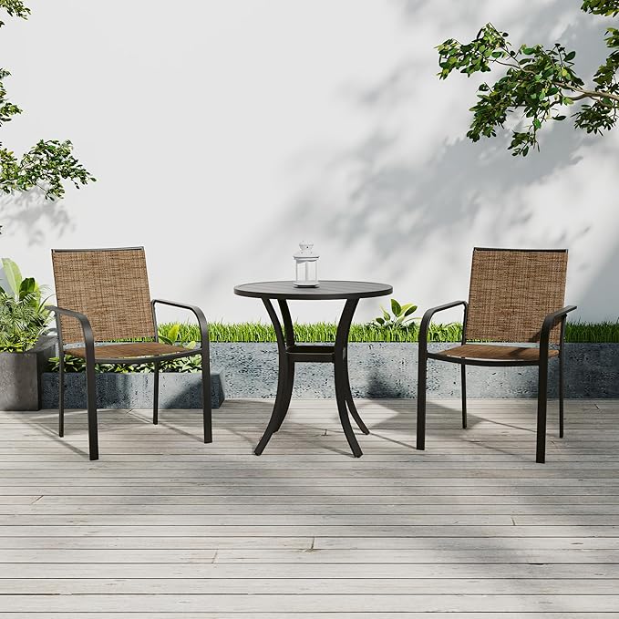 Anmutig Small Outdoor Dining Set with Patio 27.5" Round Table and 2 Stackable Brown Chairs - 3 Piece