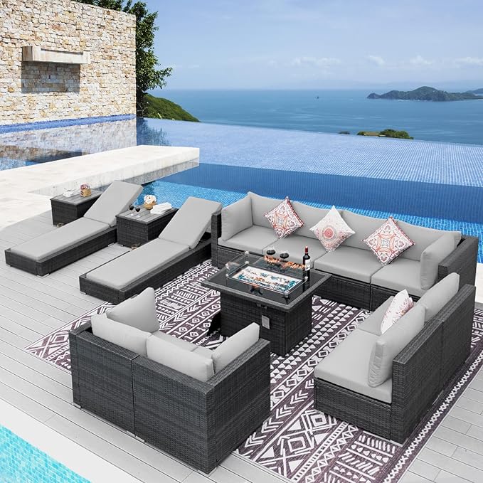 NICESOUL 13 Piece Outdoor Wicker Furniture for Patios with Fire Pits, Oversize Grey Outside Patio Set with Matching Lounges, 29.3" High Back Sectional Couch Sets for Tall Big People for Poolside, Yard