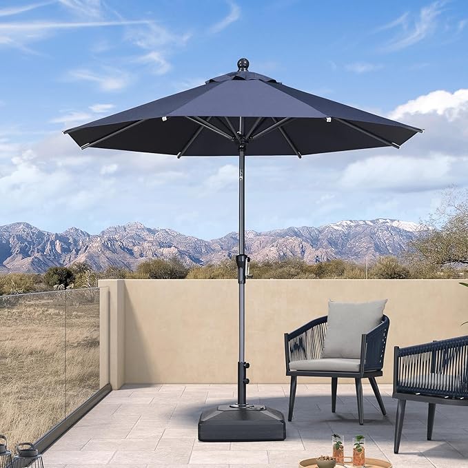 PURPLE LEAF 8' Round Patio Umbrella Outdoor Table Umbrella Aluminum Frame Market Umbrella Sun Umbrella with 8 Sturdy Ribs Tilt for Garden Deck Lawn Pool Navy Blue