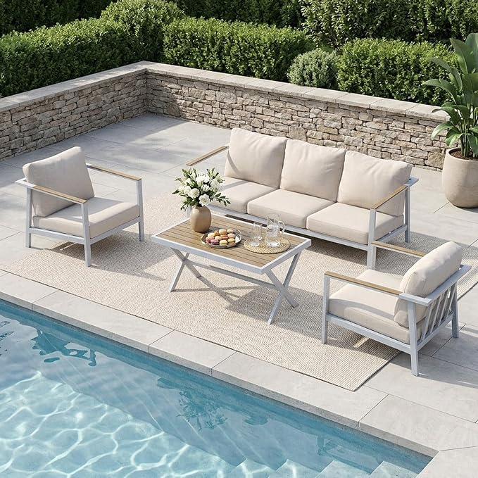 Aug-guan Aluminum Patio Furniture Set 4 Piece, Outdoor Conversation Set with 5" Cushions, Olefin Fabric, Rustproof Frame, Non-Slip Feet, Compact Patio Sofa Set for Balcony, Backyard, Porch,White
