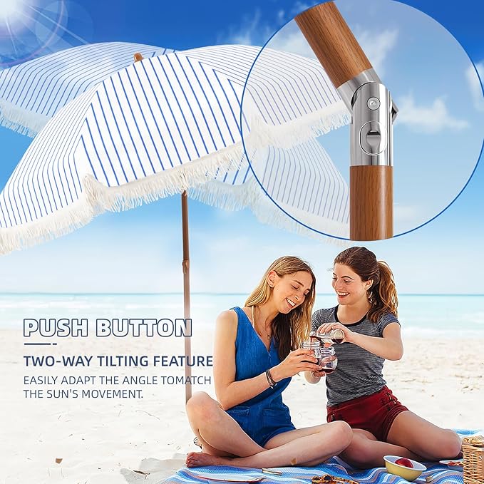 Aoxun 7ft Patio Umbrella with Fringe,Outdoor Beach Umbrella with Aluminum Pole, Ribs Push Button Tilt and Carry Bag, UV 50+ Picnic Tassel Umbrella (Blue&White)