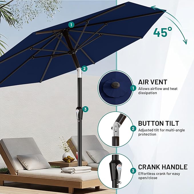 AreShark 10 FT Outdoor Patio Umbrella, Patio Table Umbrella with Push Button Tilt and Crank, Outdoor Patio Umbrellas with 8 Fiberglass Ribs, Patio Umbrellas for Market, Garden, Pool (Navy)
