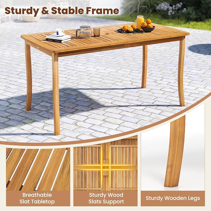 RELAX4LIFE 63’’ Wooden Outdoor Dining Table - Acacia Wood Rectangular Patio Table for 4-6 People w/Umbrella Hole & Slatted Tabletop, Farmhouse Furniture for Pool Backyard Garden Porch (Curved Leg)