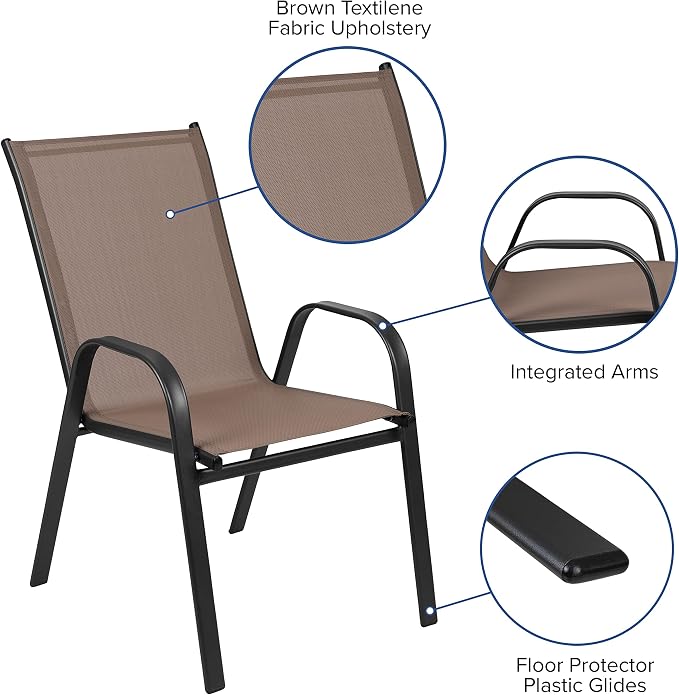 EMMA + OLIVER Seven Piece Indoor/Outdoor Dining Set - Metal Table with Tempered Glass Top - Six Brown Flex Comfort Chairs- Umbrella Hole - All Weather