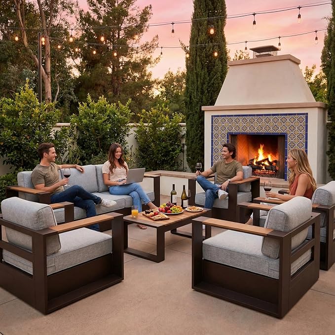 LayinSun 4 Pieces Aluminum Patio Furniture Set with Coffee Table, Oversized Outdoor Conversation Set 4 Seats with 6" Thick Cushions for Outside Porch, Balcony, Deck