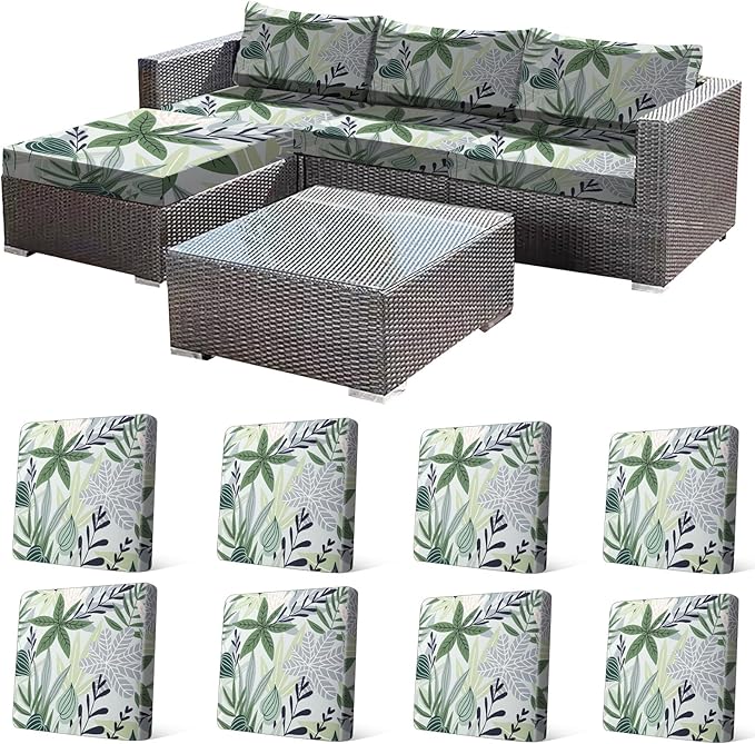 CALBODE 8 Pcs Stretch Outdoor Seat Cushion Covers, Washable Chair Seat Cover for Patio Furniture Cushions Soft Indoor and Outdoor Couch Cover Replacement (Green Leaves, Cover Only)