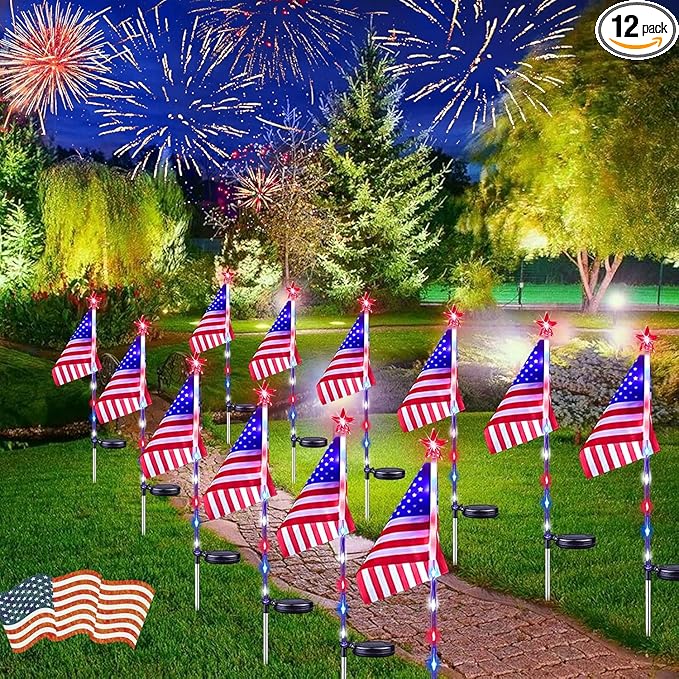12 Pack Solar American Flag Lights Outdoor, 4th of July Decorations Outdoor, Waterproof Solar Flag Patriotic Lights for Yard, Garden, Pathway, Independence Day, 250th Anniversary (Red White and Blue)