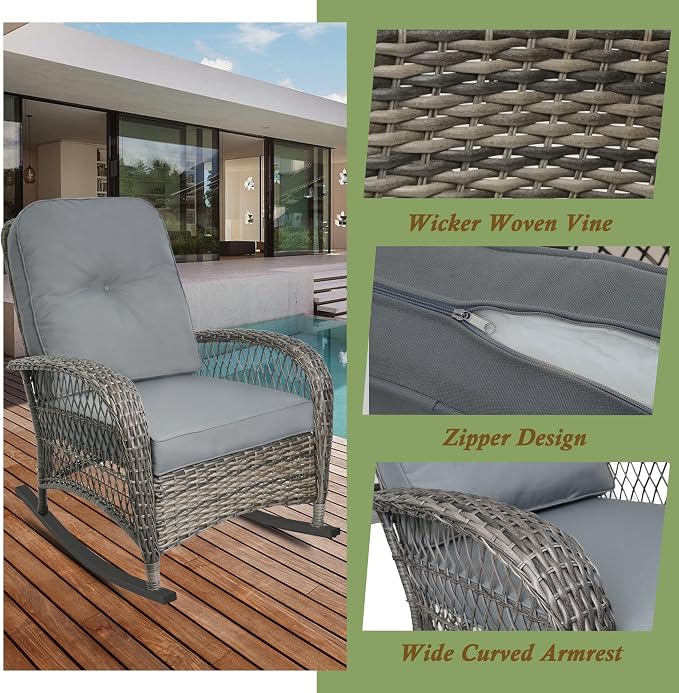Outdoor Wicker Rocking Chair, All Weather Resin Rattan Wicker Rocking Chairs and Glass Coffee Table, for Garden Backyard Lown Porch,3pc,Grey