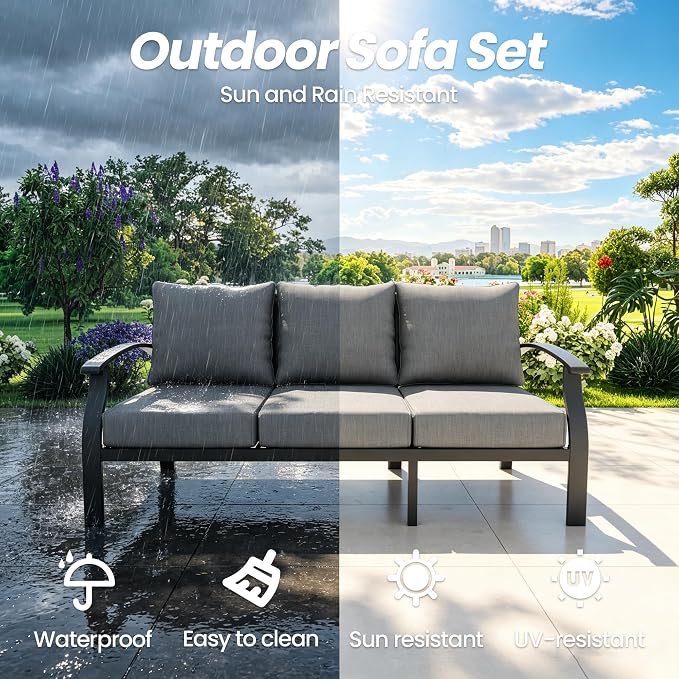 Gotland Metal Outdoor Patio Furniture Set with Coffee Table, 4 Piece Patio Conversation Set with Washable Cushion Covers, Metal Frame Sectional Sofa Furniture Set for Porch, Balcony, Deck, Yard