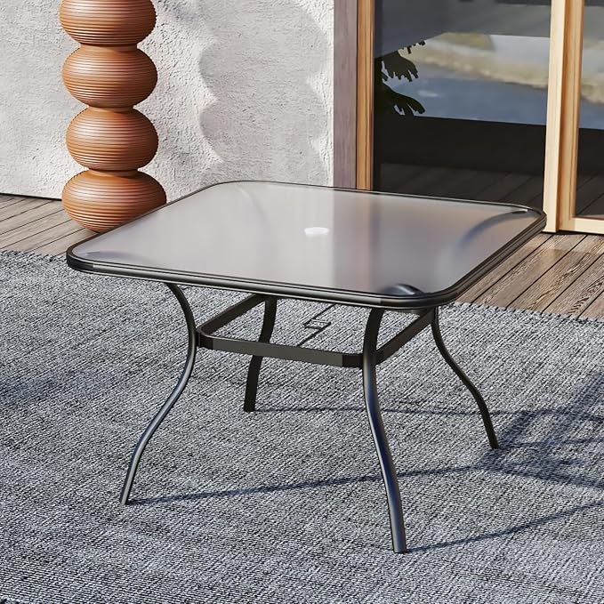 37 inch Square Glass Ourdoor Patio Table with Umbrella Hole for 4 Person | Glass Table Top, Metal Black Frame