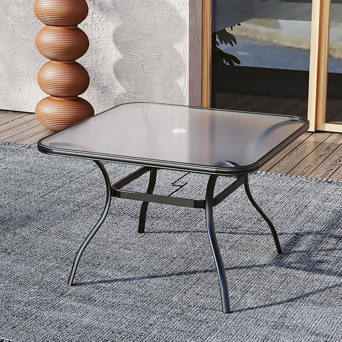 37" Square Outdoor Patio Glass Dining Table for 4 Person with Black Frame | Glass Table Top, 1.7 inch Umbrella Hole, 4 Person Use, Metal Black Frame, All Weather, Rust Free