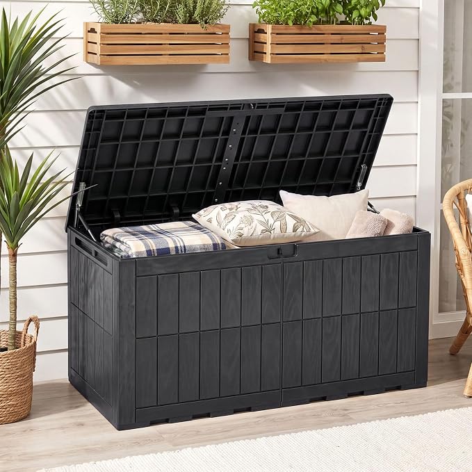 HAPPYGRILL 120 Gal Outdoor Deck Box, Lockable Storage Bin with Lid and Handles, Waterproof and Sun-Protective Patio Bench and Storage Box for Garden Tools Pool Supplies (Black, 120Gallon)