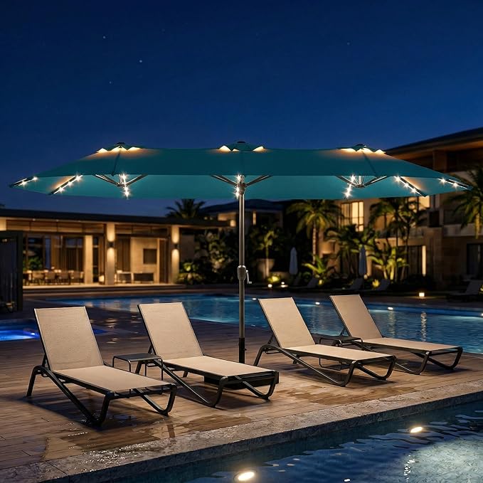 15ft Large Patio Umbrella with Solar Lights and Base, Double-Sided Outdoor Rectangle Umbrella with 48 LED Lights, Market Table Umbrellas with UV Resistant Canopy