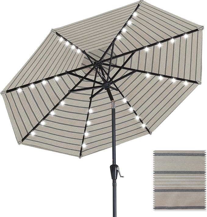 ABCCANOPY OLEFIN® 5-Year No Fading Patio Umbrella with Solar Lights (Brown&Black Stripe)