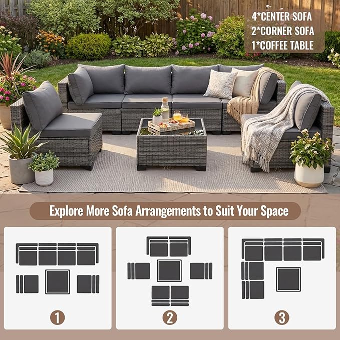 7 Pieces Outdoor Wicker Rattan Patio Furniture Sectional Set, Patio Conversation Set with Cushions & Coffee Table, All Weather PE Rattan Patio Sofa with Tea Table for Backyard Porch Garden (Grey)