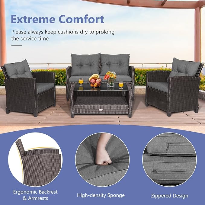 HAPPYGRILL 4-Piece Patio Conversation Set Rattan Wicker Chair Furniture Set with 1 Loveseat, 2 Single Sofas, 1 Coffee Table, Outdoor Furniture Set for Backyard Porch Garden Poolside Balcony (Grey)