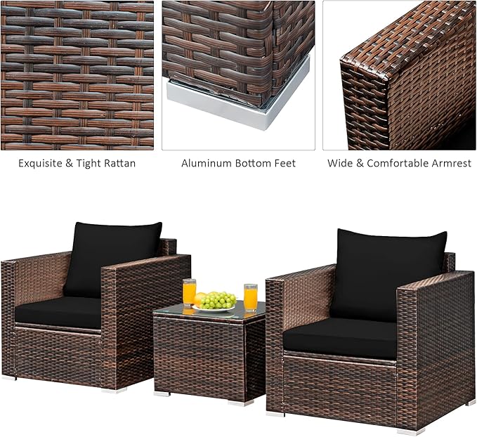 Tangkula 3 Pieces Patio Furniture Set, Outdoor Conversation Rattan Furniture Set w/Washable Cushion and Tempered Glass Tabletop, PE Rattan Wicker Sofa Set for Garden Poolside Balcony