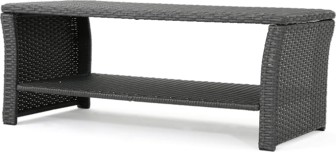 ST Lucia Patio Coffee Table Woven Rattan Open Shelf, Grey | Woven rattan, weather resistant, flat tabletop, open lower shelf, stable 4-corner base