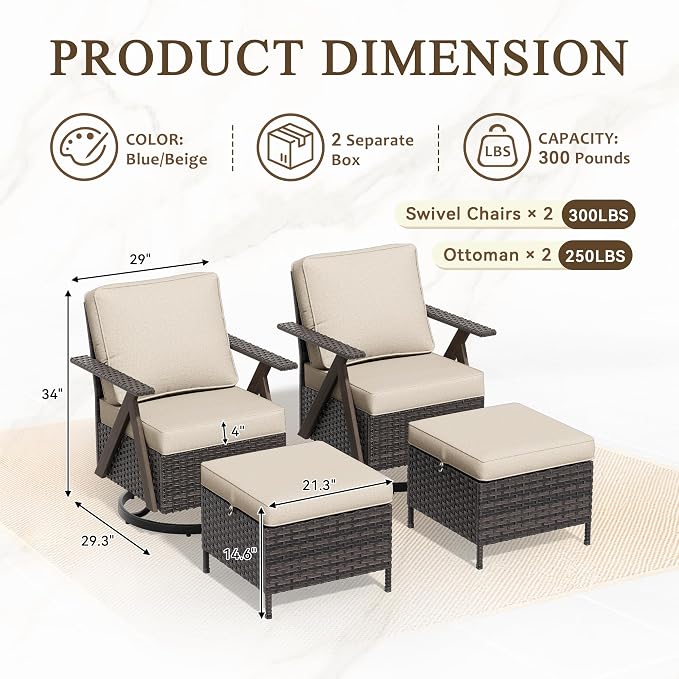 Outdoor Swivel Rocker Chairs Set of 4, Wicker Swivel Patio Chair with Ottomans, Patio Furniture Set for Outside Backyard