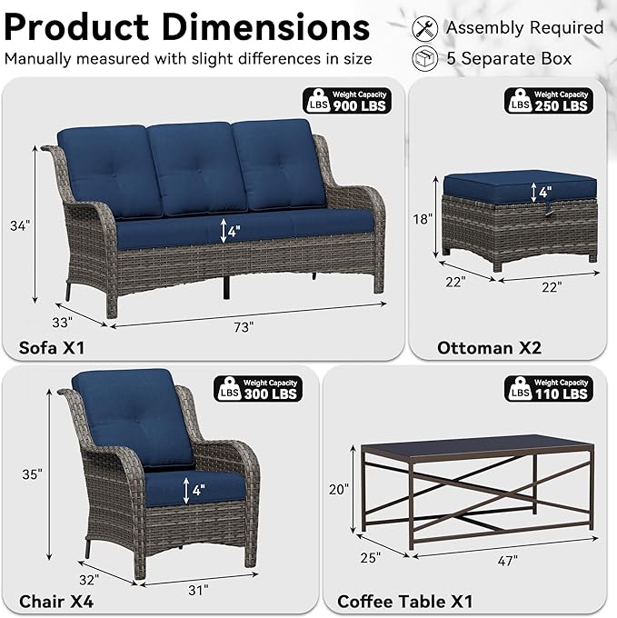 8 Piece Outdoor Wicker Patio Furniture Set, Patio Chairs Set with Thickened Olefin Cushions, High Back and Deep Seating, Hand-Woven PE Rattan, Ottoman for Porch, Deck