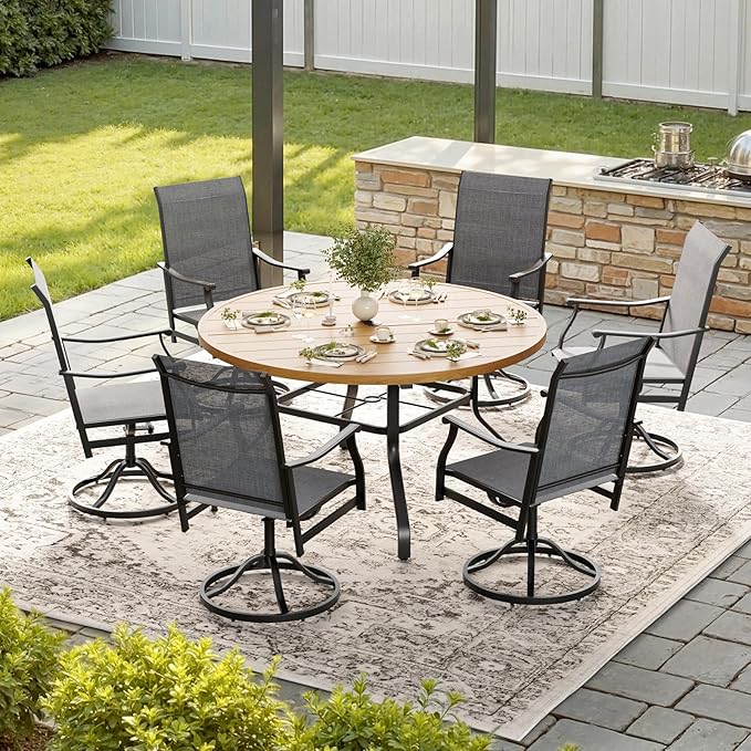 Soohow 7-Piece Outdoor Dining Set, Round Patio Dining Table and Chairs Set for 6, 6 x Swivel Patio Chairs and 47" Dining Table with 1.57" Umbrella Hole, Wood-Like, Ideal for Poolside, Backyard, Deck