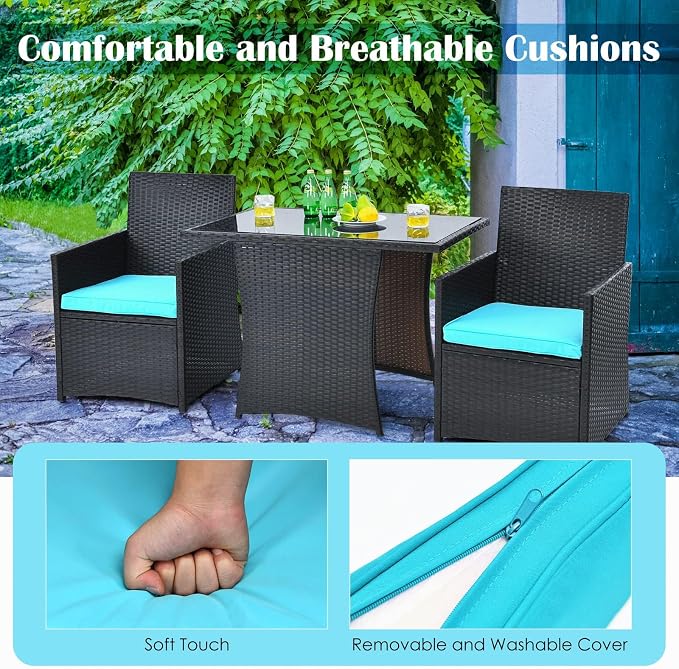 DORTALA Wicker Patio Bistro Set 3 Piece, Outdoor Table and Chairs with Tempered Glass Tabletop, Cushions, Small Rattan Furniture Conversation Sofa Set for Balcony, Porch, Backyard, Deck, Turquoise
