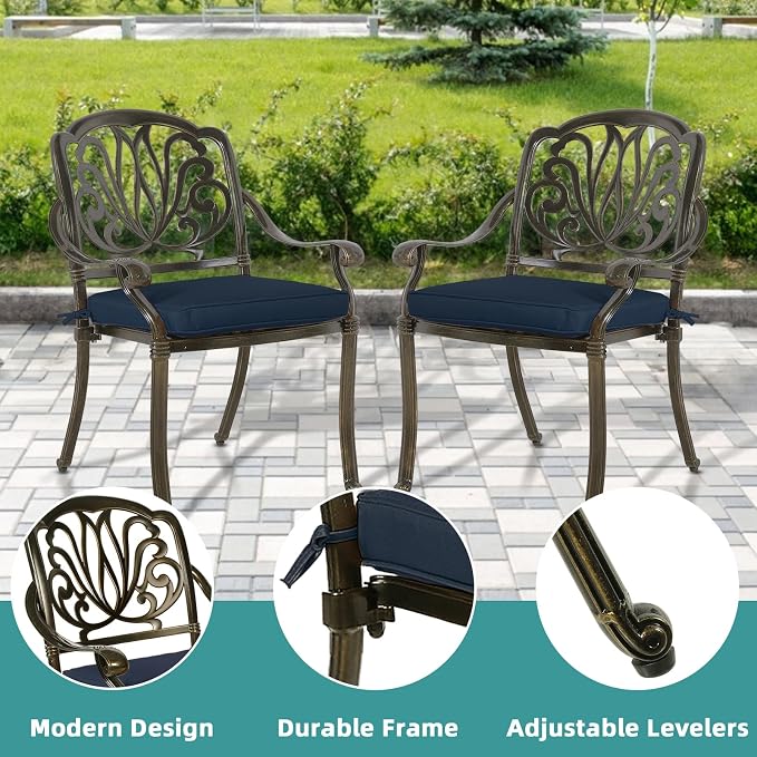MEETWARM 5-Piece Outdoor Patio Dining Set, All-Weather Cast Aluminum Patio Conversation Set for Backyard Garden Deck with 4 Chairs, 4 Cushions and 35.4" Square Table, 2.2" Umbrella Hole, Navy Blue