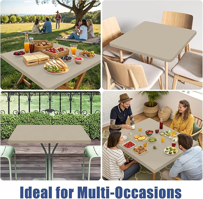 Moosfor Spandex Picnic Table Cloth 2 Pack, Elastic Fitted Tablecloths for Square Tables, Stretch Washable Patio Table Cover for Outdoor, Camping, Banquet and Parties (Taupe, 34"x34")