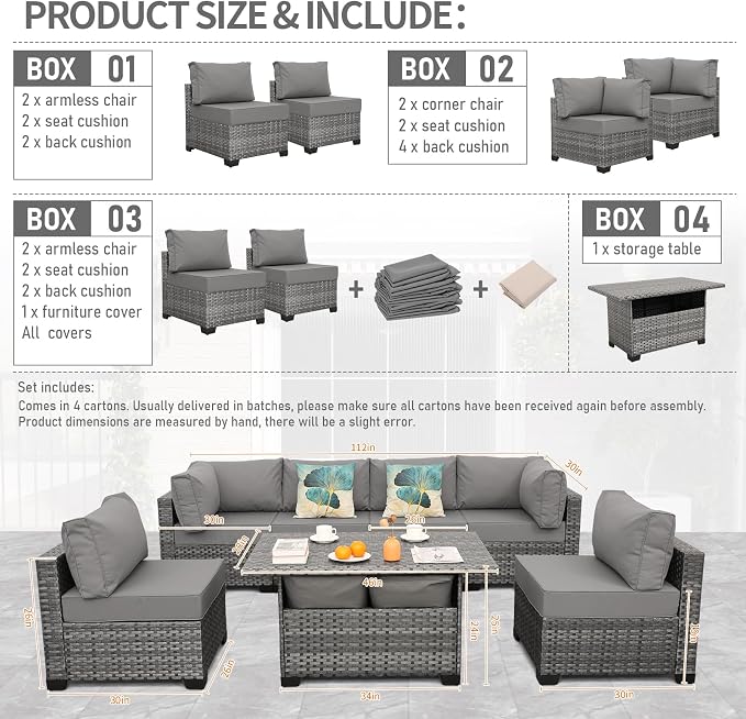 Lviden 7 Pieces Wicker Patio Furniture Set Outdoor Sectional Conversation Sofa Set with Storage Table Non-Slip Cushions and Furniture Cover, Light Grey