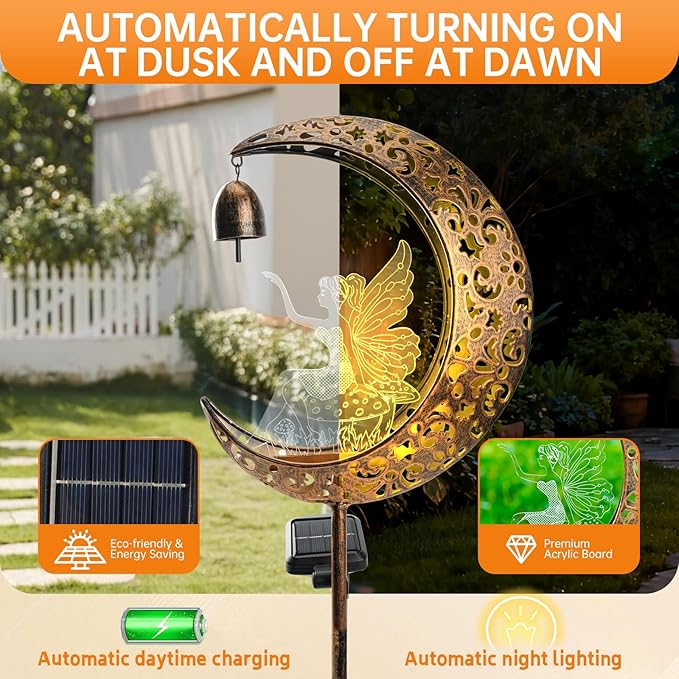 Solar Fairy Moon Figurine Light, Waterproof Garden Stakes Decor Outdoor Yard Decorations for Lawn, Patio,Yard, Pathway,Housewarming Ornament Gifts Ideas for Gardening Mom Grandma
