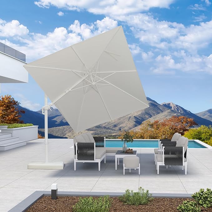 PURPLE LEAF 10 FT Right-left Tilt White Cantilever Umbrella with Base Patio Outdoor Swivel Umbrellas with Aluminum Tilt Offset Parasol with 360° Rotation for Deck Pool, White