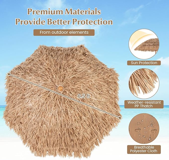 6.5Ft Tiki Umbrella Outdoor Patio, Hawaiian Hula PP Grass Umbrella with Tilt Design, 8 Ribs, Carry Bag & Foldable Base, Thatch Umbrella for Patio, Garden & Pool