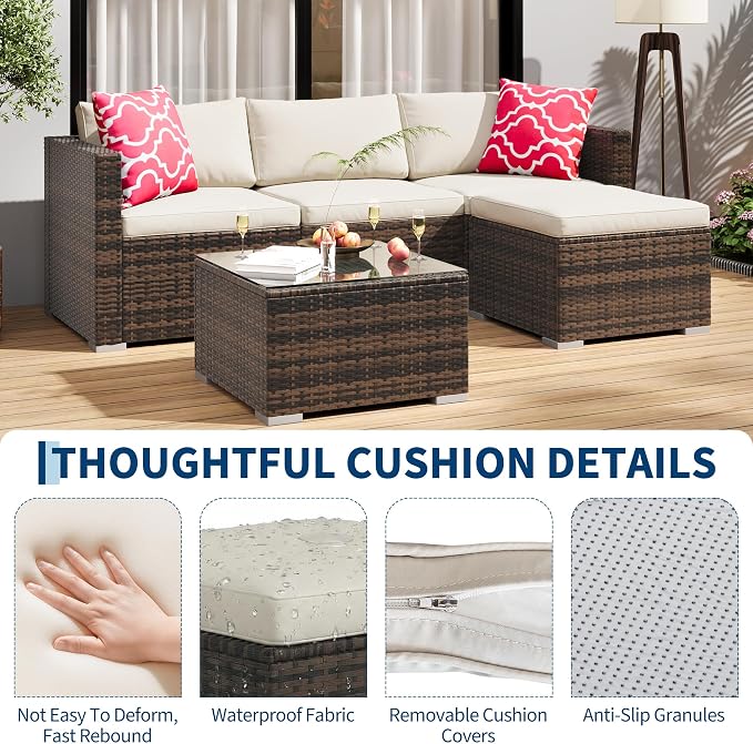 GarveeHome 5 Pieces Patio Sectional Furniture Set, All Weather Wicker Rattan Sectional Sofa, Patio Conversation Set with Cushions and Glass Coffee Table for Backyard Porch Garden Balcony, Beige