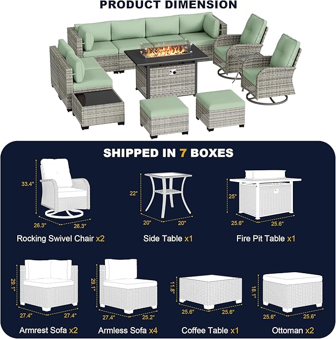 13-Piece Outdoor Patio Furniture Set with Rocking Swivel Chair, Wicker Rattan Sectional Sofa Conversation Set with 55,000 BTU Fire Pit Table with Ottomans, Backyard Furniture, Light Green