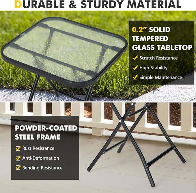 LDAILY 18” Folding Outdoor Side Table, Square End Table with Tempered Glass Tabletop & Sturdy Steel Frame, Portable Patio Table for Balcony, Backyard, Poolside & Indoor Use, Black