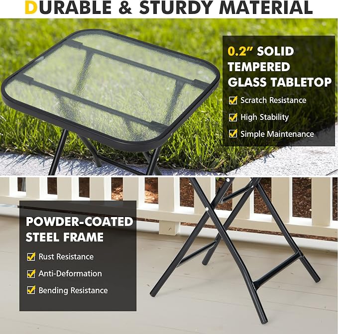 HAPPYGRILL 18” Folding Square Glass Side Table, Portable Patio Bistro Coffee Table with Tempered Glass Tabletop, Solid Steel Structure, Ideal for Poolside Backyard Living Room