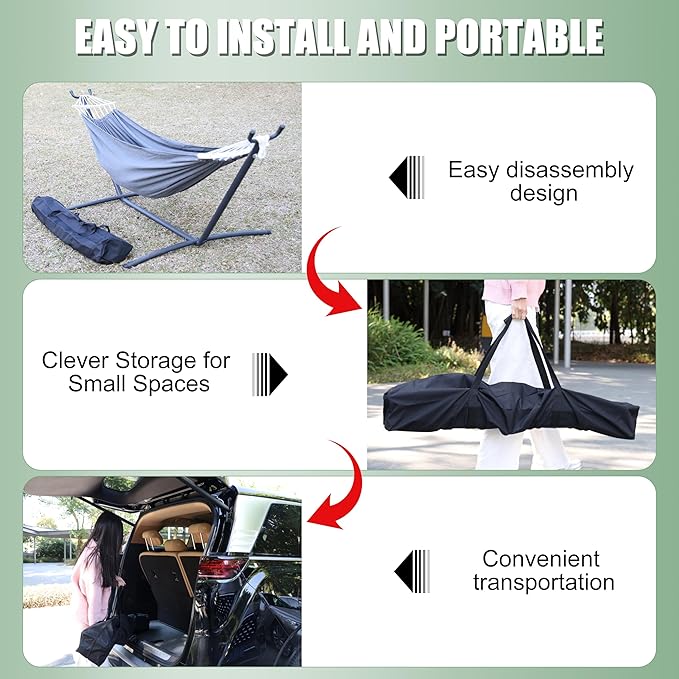 Free Standing Hammock with Stand, 550lbs Capacity - Anti-Flip Curved Spreader Bars - Premium Cotton Portable Hammock for Deck, Porch, Garden - Easy Assembly with Carrying Bag, Heather Gray