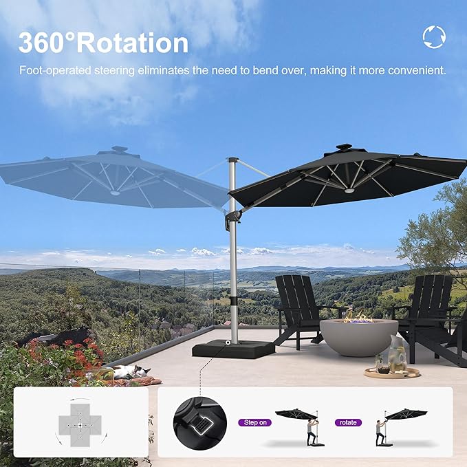 PURPLE LEAF Cantilever Umbrella with base 10ft Outdoor Round Patio Solar Powered LED Umbrella with 360-degree Rotation for Garden Deck Pool Patio, Black