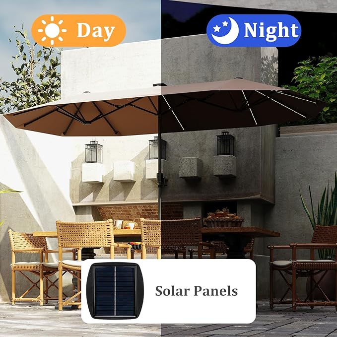 HAPPYGRILL 13 FT Double-sided Patio Umbrella with Solar Lights, Crank Handle & 12 Heavy-Duty Ribs, Outdoor Twin Size Oversized Rectangle Market Umbrella for Garden Deck Poolside