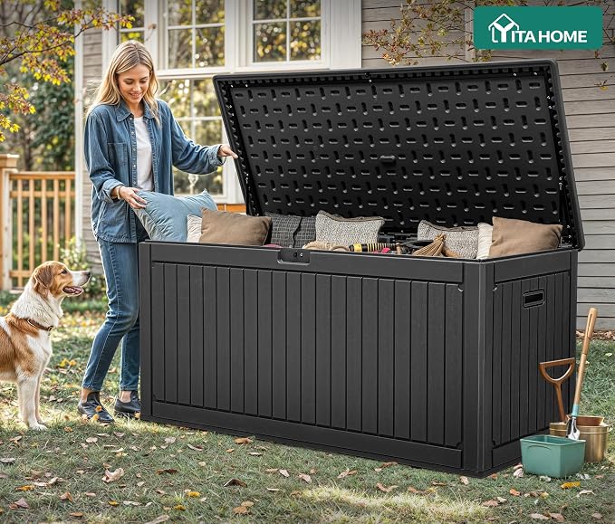YITAHOME 320 Gallon Large Deck Box with Divider & Side Handles, Outdoor Double-Wall Storage for Patio Furniture Cushions, Garden Pool Accessories, Water Resistant & Lockable