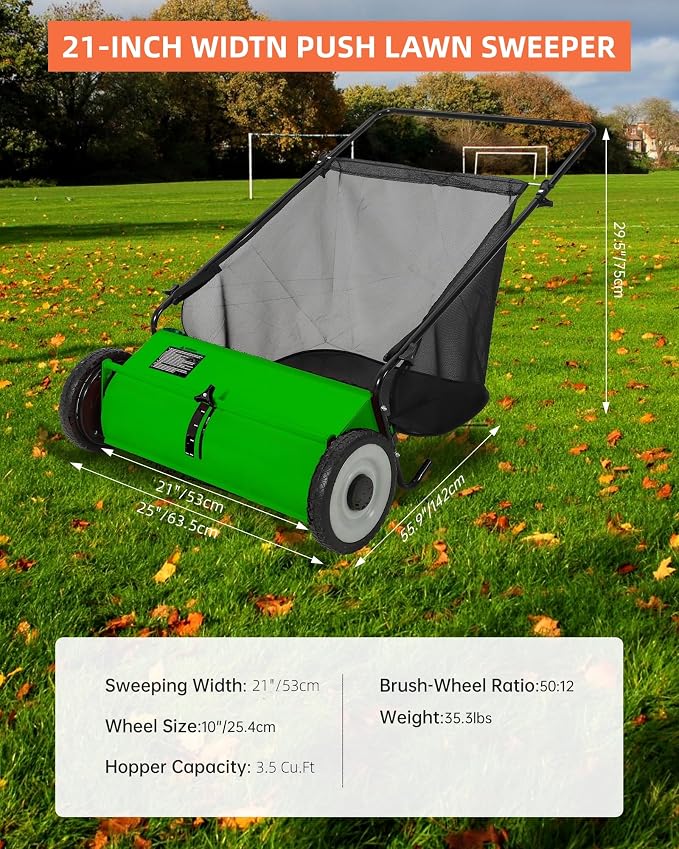 21-Inch Push Lawn Sweeper, 3.5 Cu. Ft. Hopper Capacity Leaf & Grass Collector with 4 Spinning Brushes, Adjustable Height, for Grass Clippings, Leaves & Debris, Green